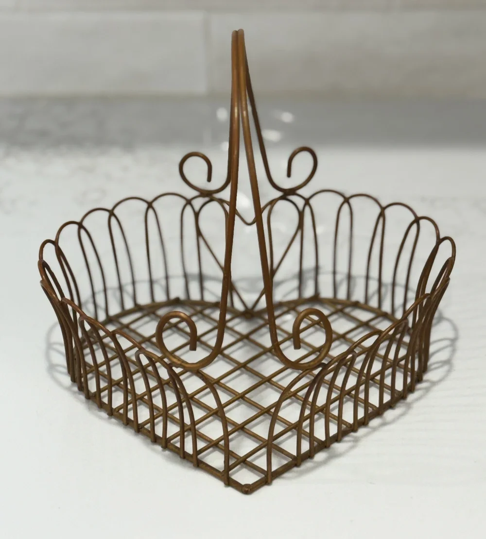 Gold Metal Wire Heart Shaped Gathering Basket Scalloped Scrollwork Cottagecore